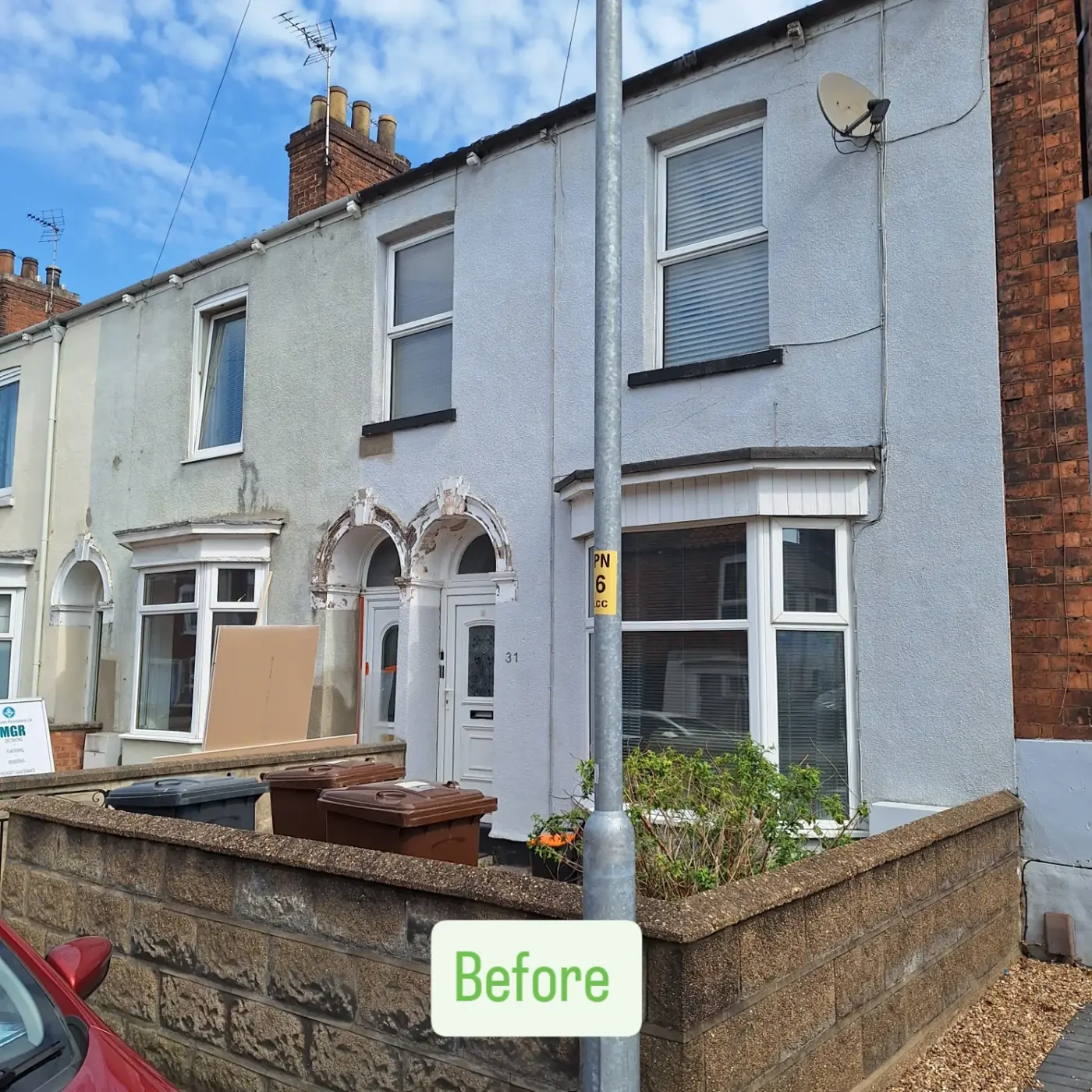 Victorian terrace before, street view, patchy grey render